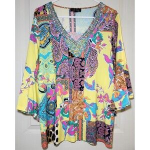 Beaded V Neck Mixed Print Patchwork Paisley Bell Sleeve Top Melissa Paige Large